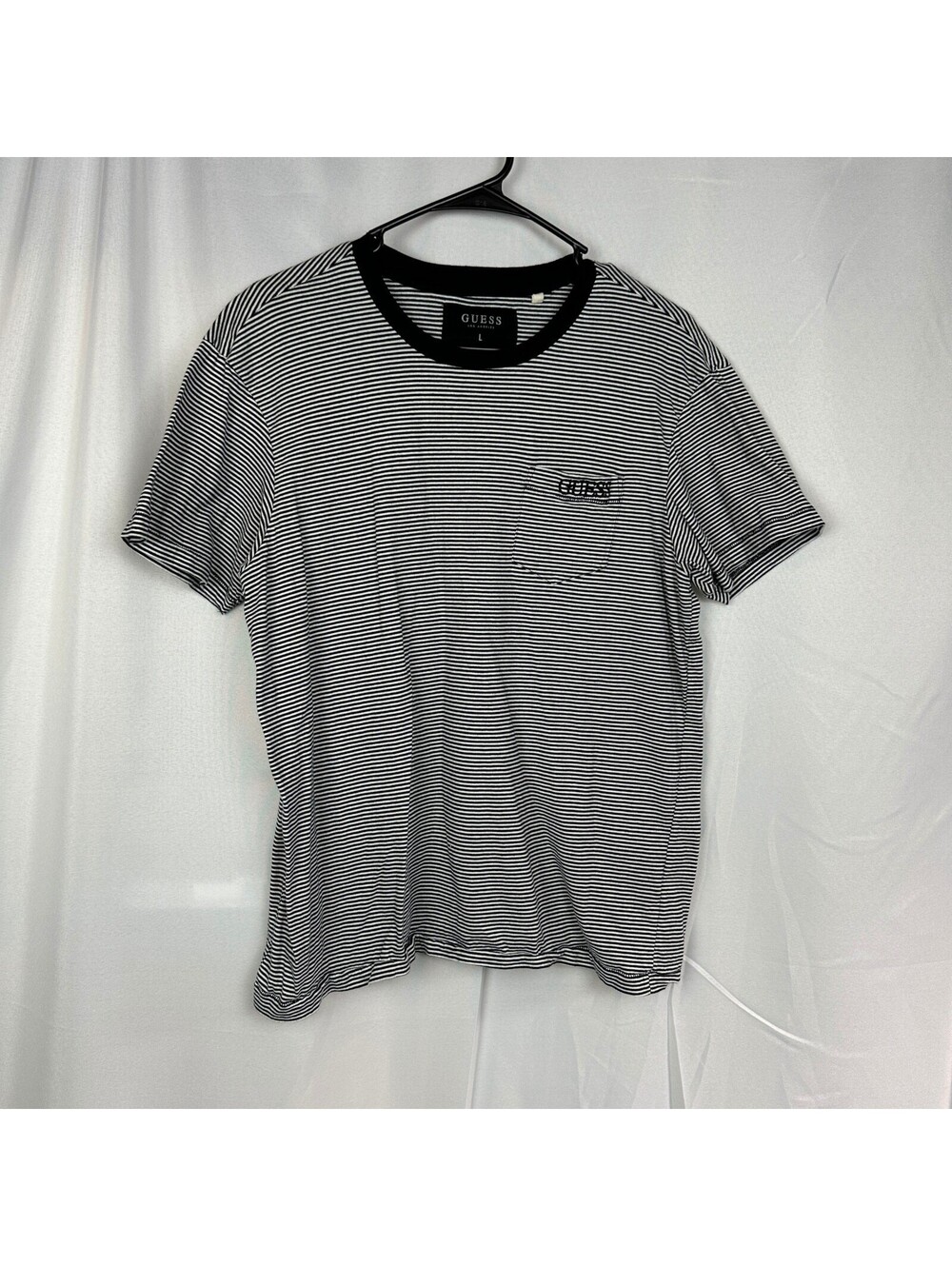 Guess Mens L Striped Pocket Tee Navy White Casual